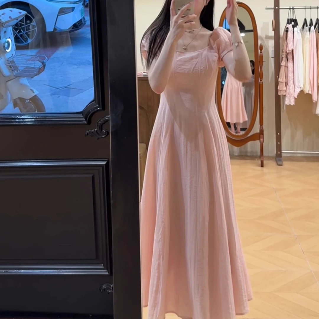 法式温柔风方领泡泡袖收腰a字连衣裙女夏季超好看独特漂亮掐腰裙