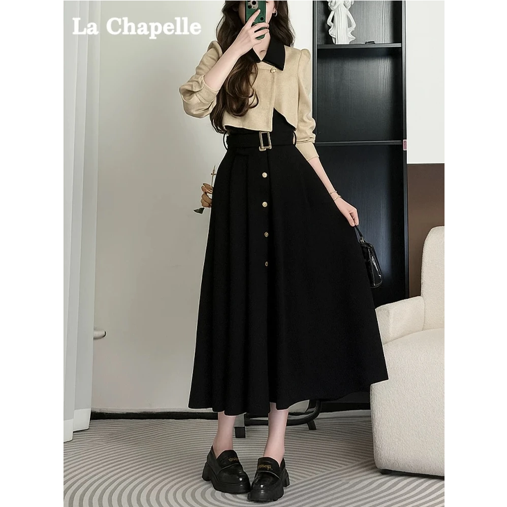 秋季撞色长袖连衣裙女收腰气质简单大方高级感假两件裙子A510131