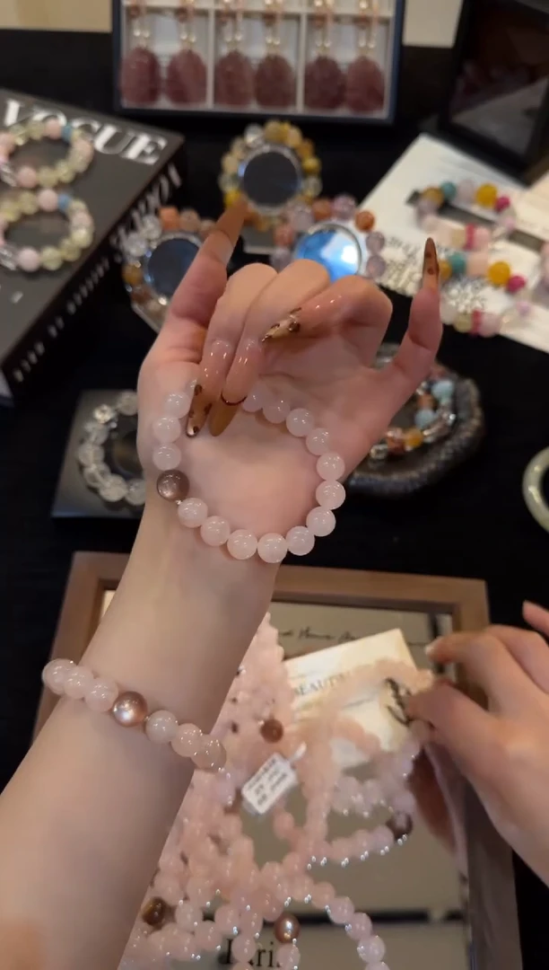 银S925镶嵌手链水晶粉水晶x3427