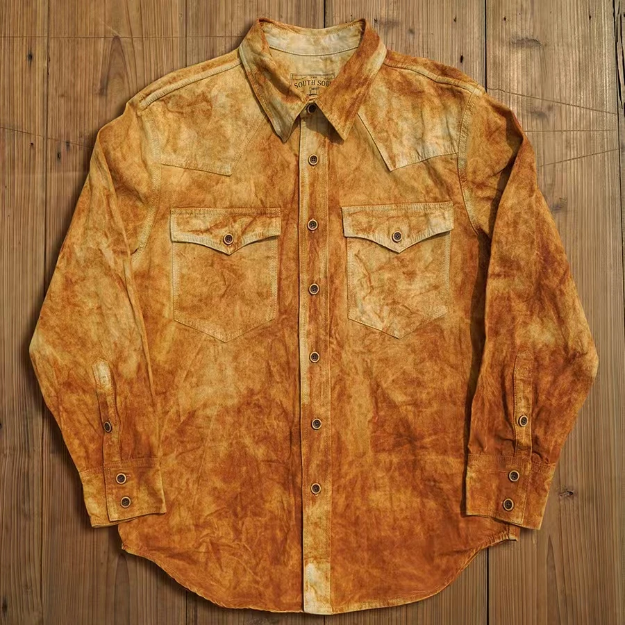 重磅纯棉美式复古铁锈染西部衬衫