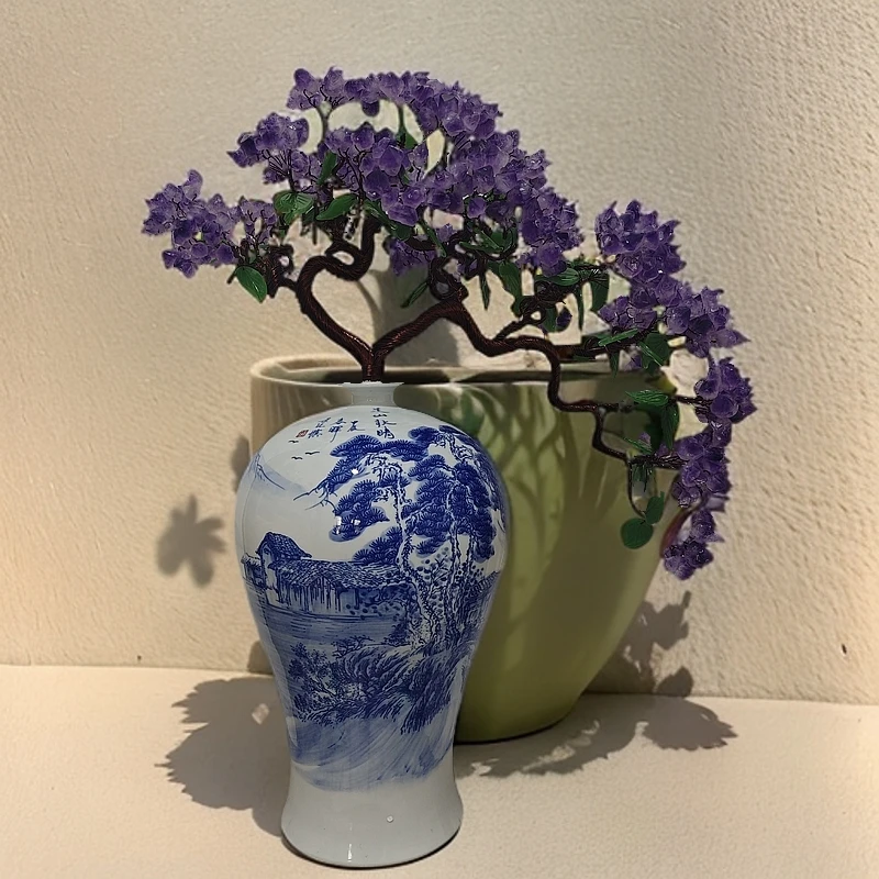 【卓越轻奢原创】青花瓷紫水晶招财百搭葫芦福禄陶瓷摆件纯手工