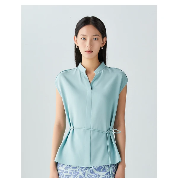 天水碧桑蚕丝重绉小立领收腰系带上衣YTP23652DCAQ0B