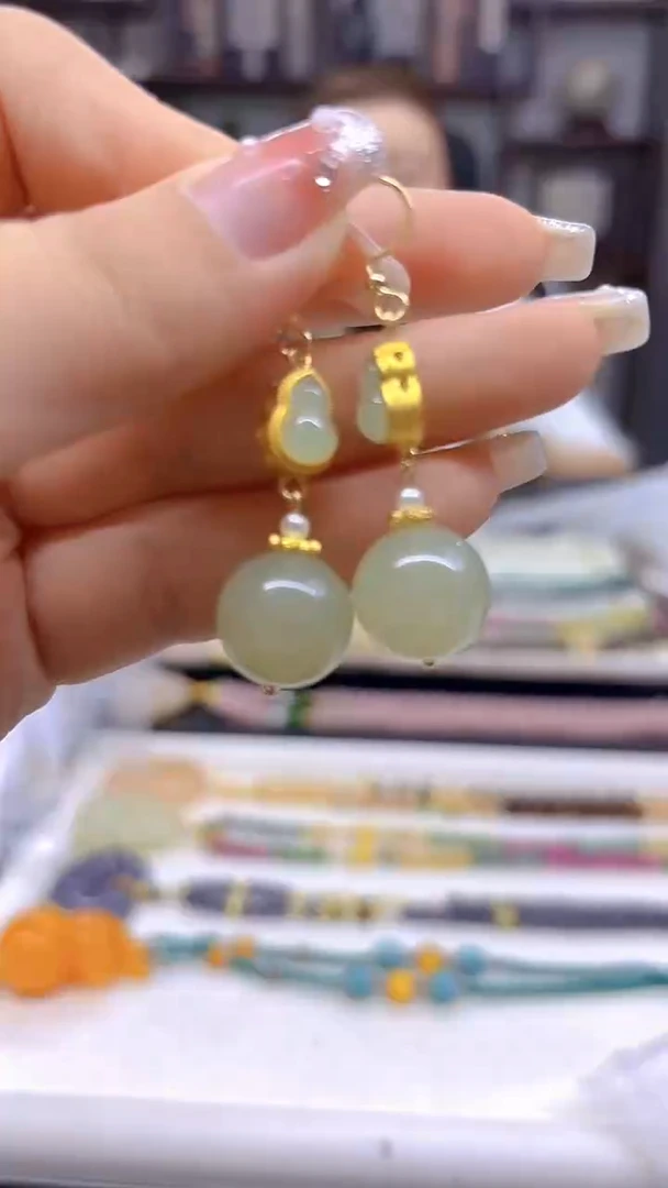 和田玉14K金镶嵌耳饰DIY款E714