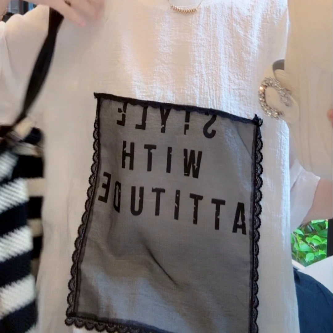 欧货时尚百搭设计款蕾丝花边短袖t恤2025夏季新款字母贴网布上衣