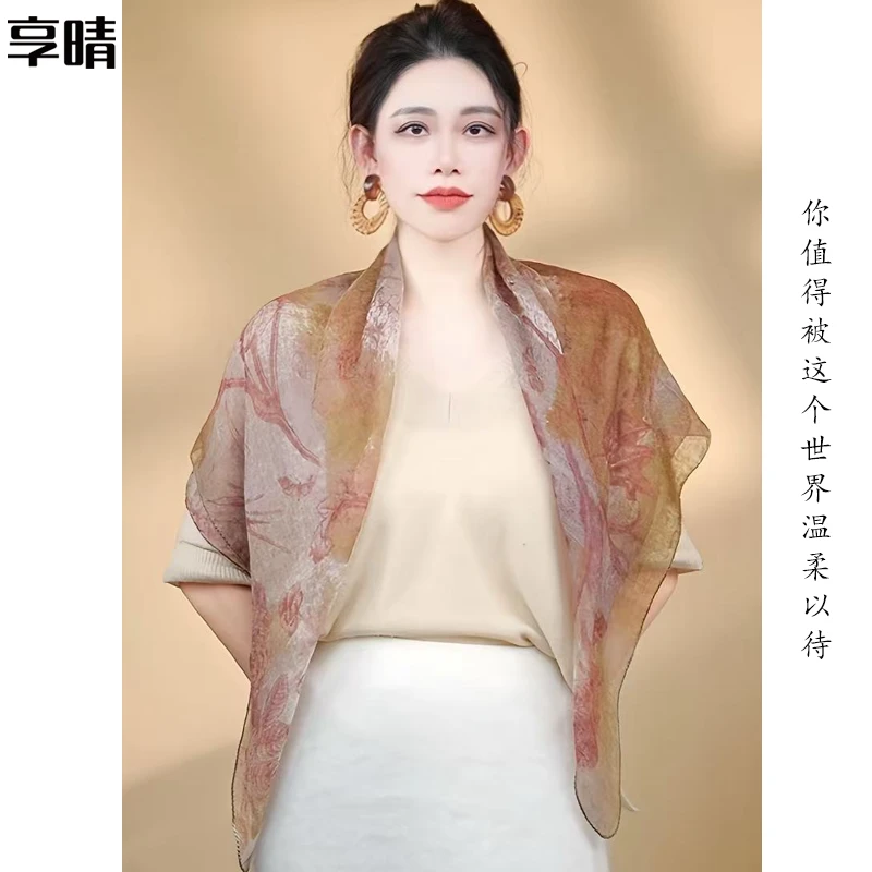 享晴 100%山羊绒保暖围巾秋冬手绘戒指绒纯羊绒保暖披肩女百搭