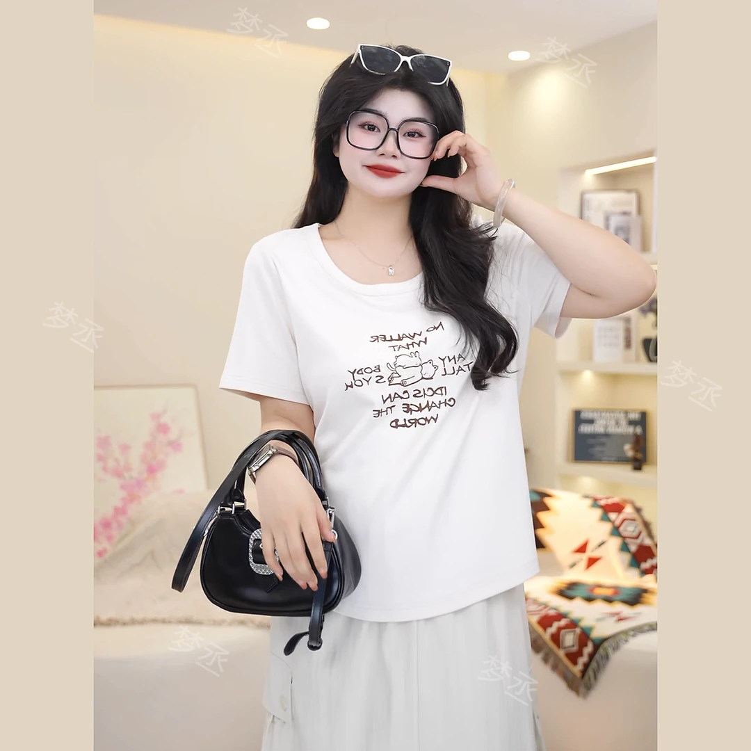 梦丞-简约宽松圆领大码女装夏季短袖女款爆款2025新款T恤上衣