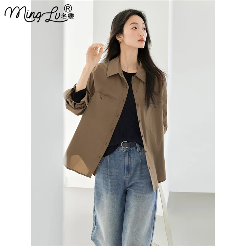 时尚蓝色设计感一字袋长袖衬衫女2025春新款简约通勤宽松开衫上衣