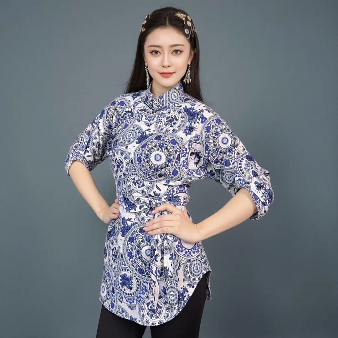蒙古元素中长款半袖夏季现代民族风小衫遮肉显瘦