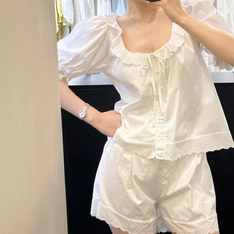 法式纯欲高级感短袖睡衣女夏季网红风新款家居荷叶边短裤大码套装