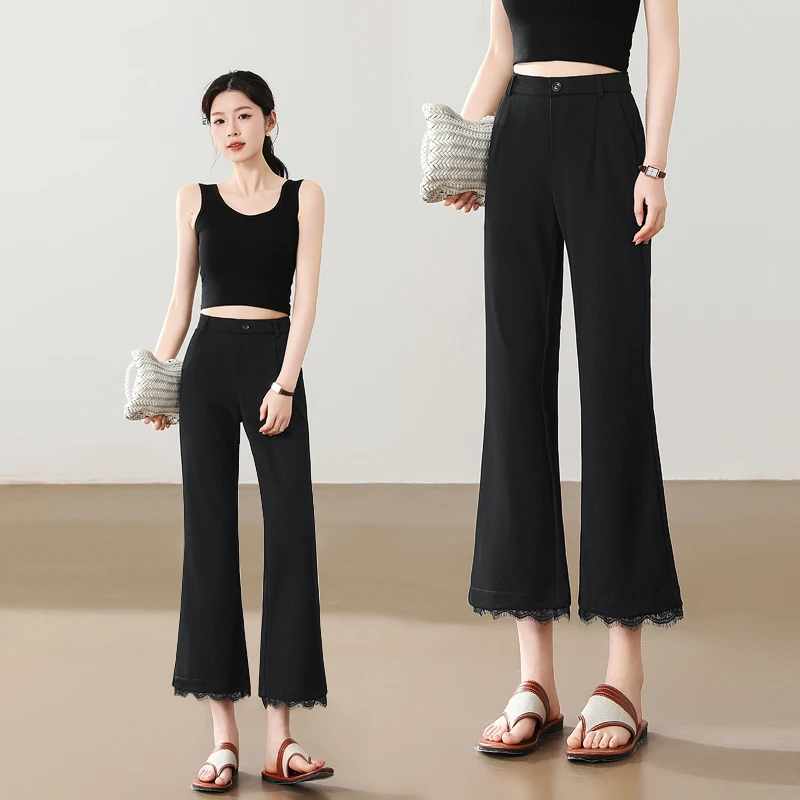 微喇裤女夏季薄款新款高腰显瘦八分九分黑色小个子蕾丝气质喇叭裤