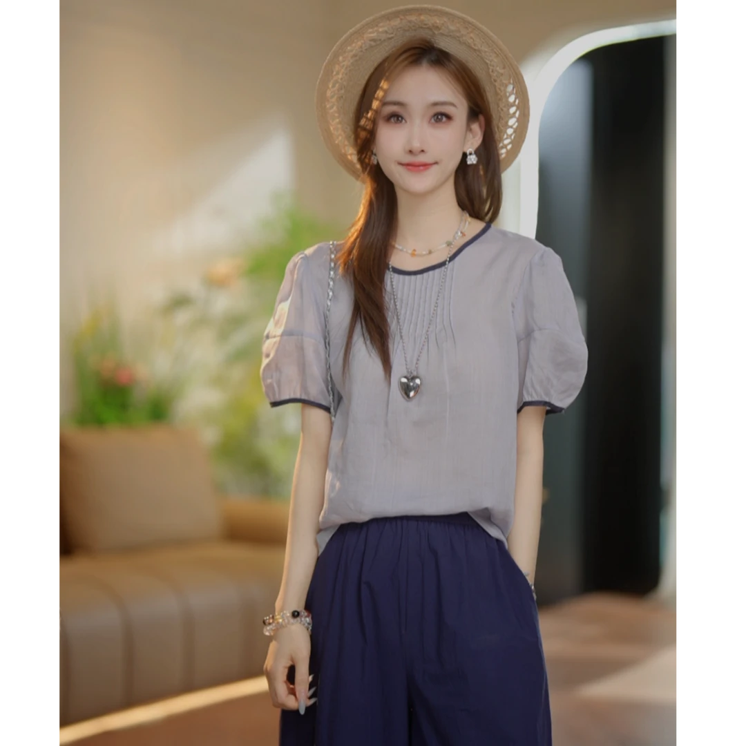 【橘子】2025夏女装法式灰紫色褶皱圆领百搭设计感衬衫88680