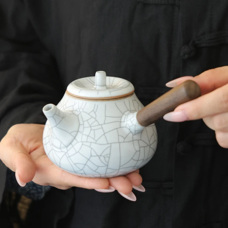 心名茶器 月白汝窑墨线开片侧把壶家用精美泡茶壶-1102