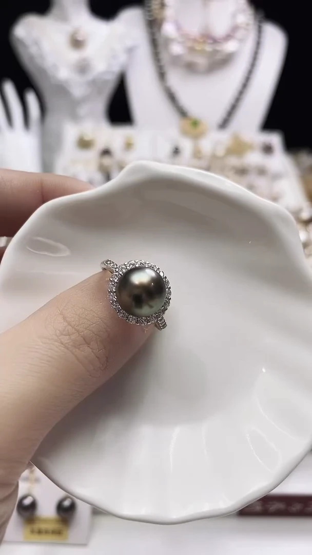 银S925镶嵌海水珍珠戒指大溪地珍珠戒指