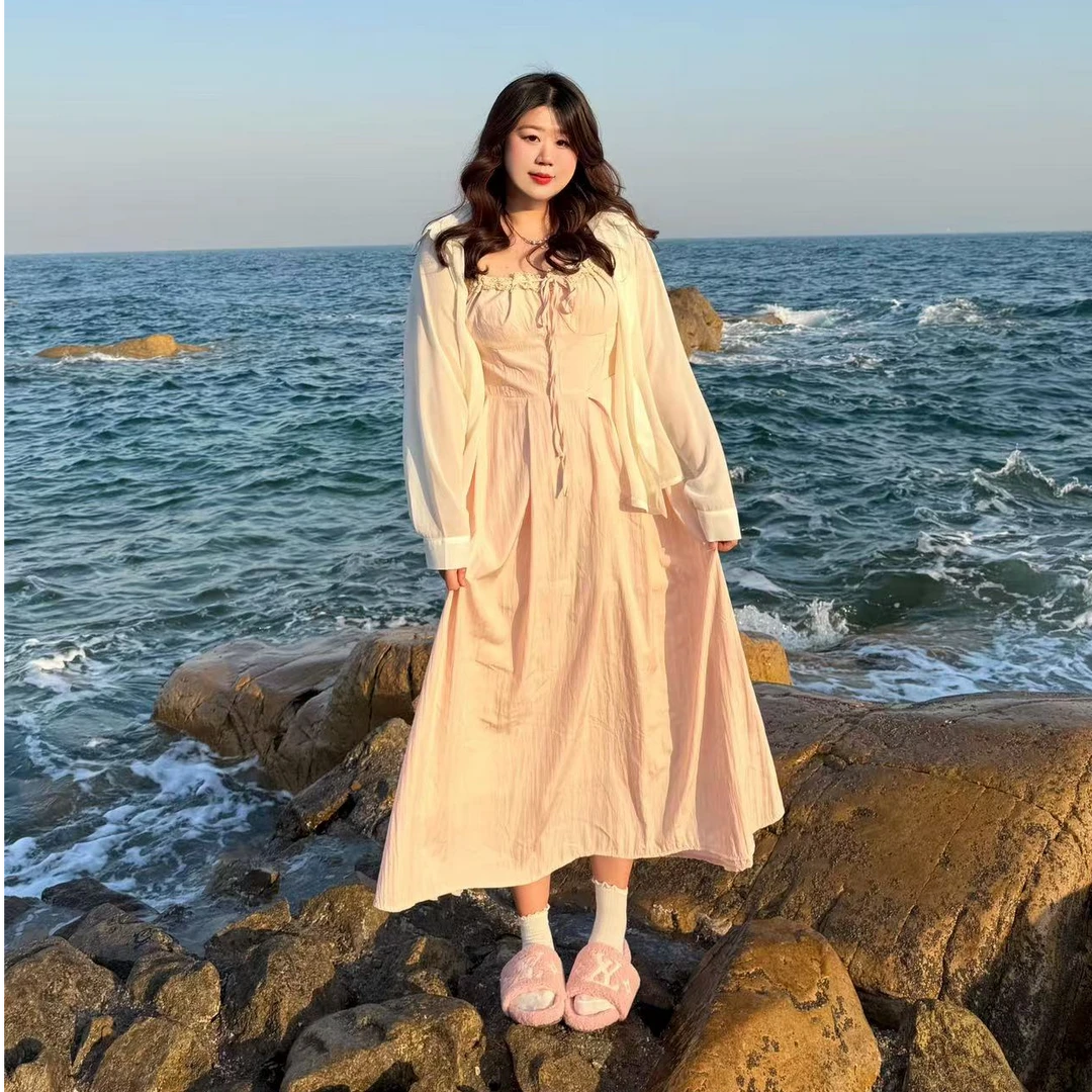 叮叮家【桃桃奶贝】温柔仙气裸粉色吊带大摆长裙+衬衫后背开两件套