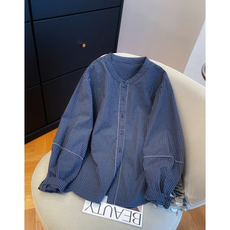 复古格子刺绣拼接长袖衬衫女2025早秋宽松洋气格纹设计感开衫上衣