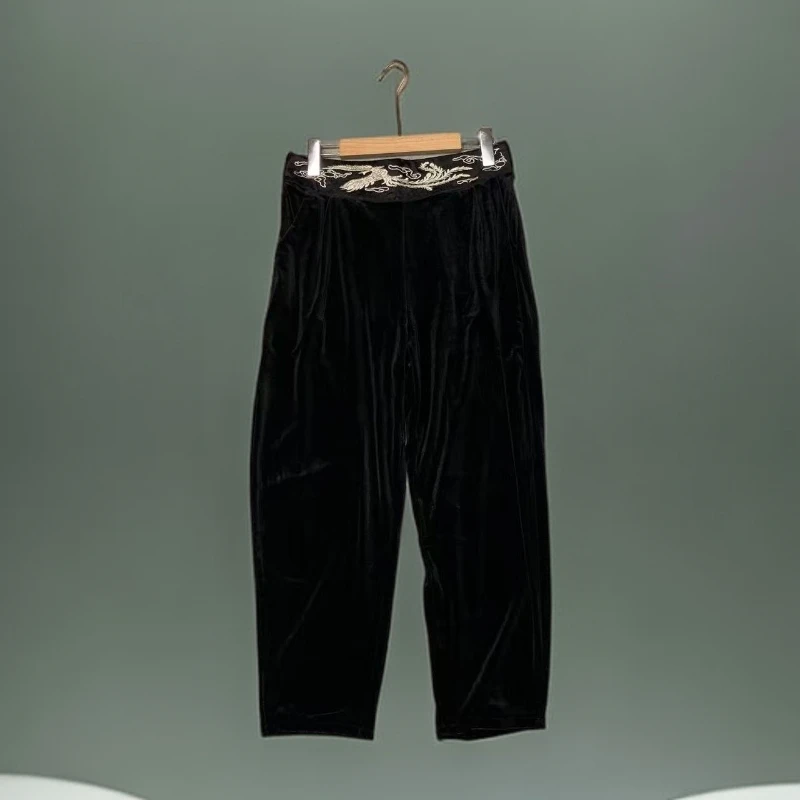 深圳南油高端丝绒腰间凤凰刺绣微胖弯刀九分哈伦裤2025新品正版