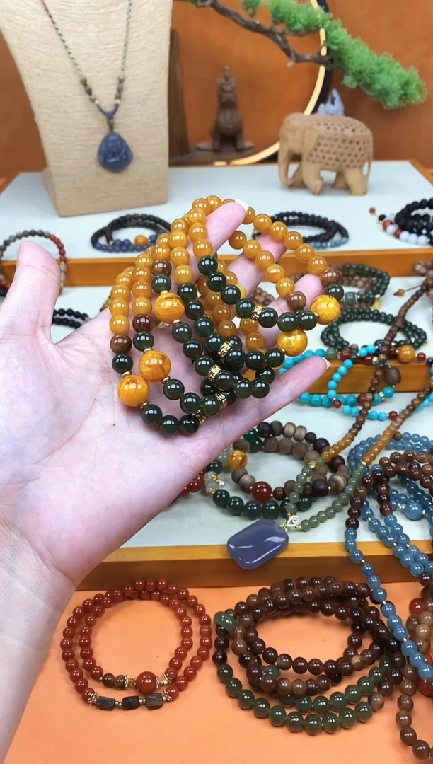 未镶嵌蜜蜡手链单圈蜜蜡和田菠菜绿手串