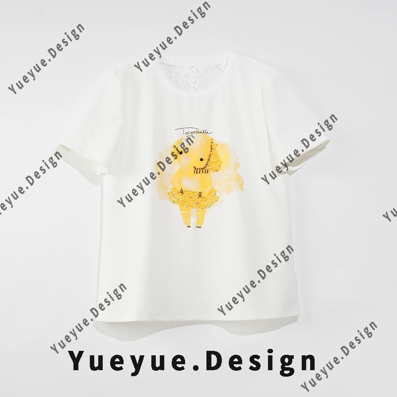 【悦悦专属】 设计感飞象亮片后背拼接蕾丝百搭短袖T恤Y320