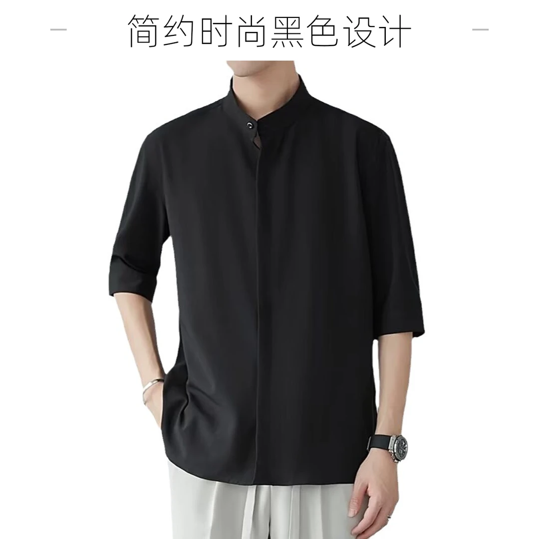 休闲条纹夏季新款男士冰丝短袖衬衫小众设计感垂坠中袖宽松纯色