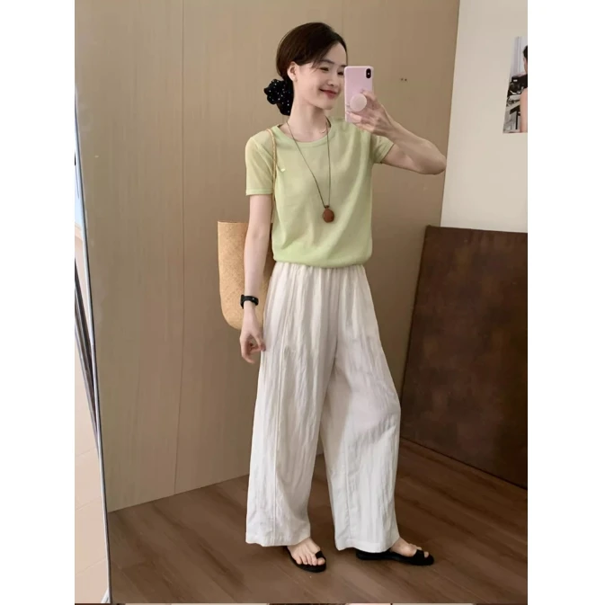 洋气温婉大方衣服纯欲慵懒风女装小众炸街高级感绿色上衣白色裤子