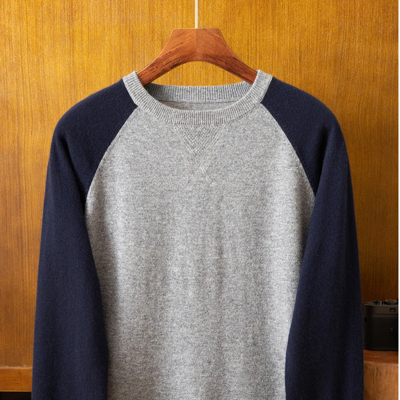 新品100%男士纯山羊绒秋冬圆领卫衣拼色时尚休闲百搭宽松长袖毛衣