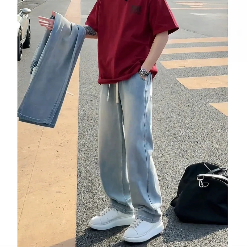 夏季薄牛仔裤男女款休闲百搭宽松浅色复古垂感直筒裤男美式爆款