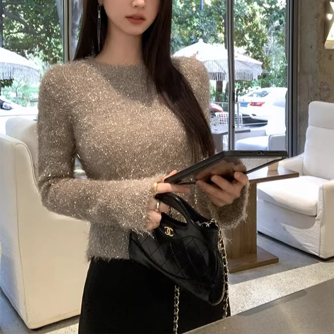 高端货~2026新品氛围感闪闪纱喇叭袖套头宽松显瘦针织毛衣女上衣