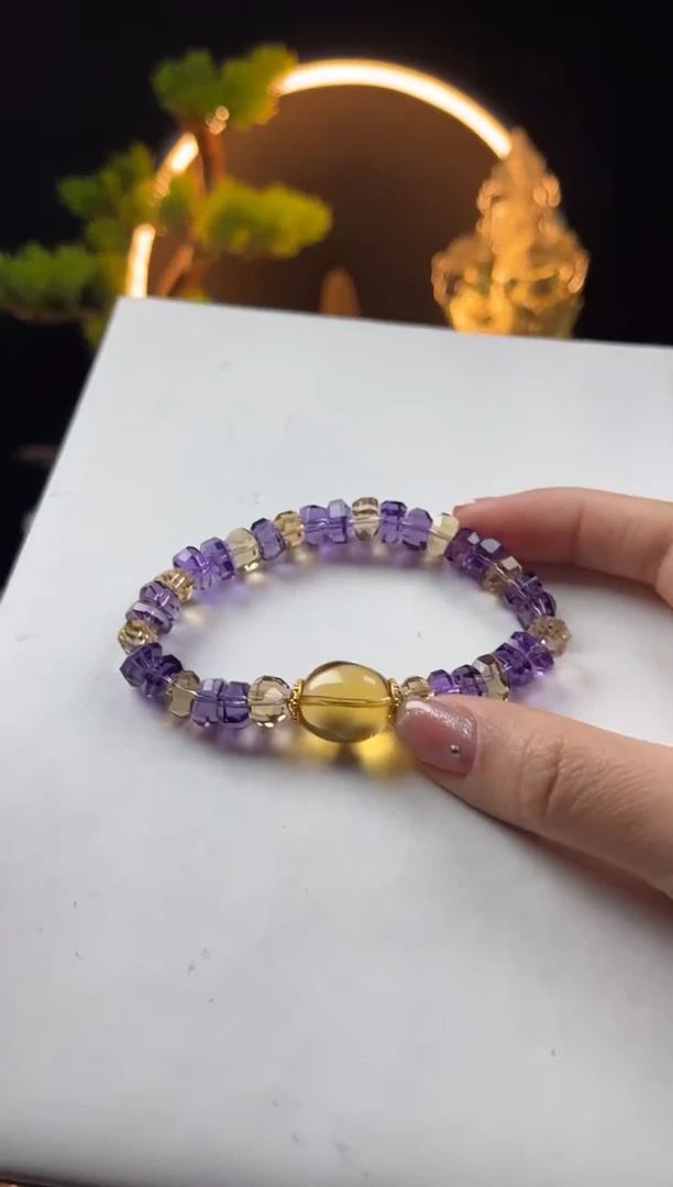 【闪购商品】水晶手链未镶嵌天然紫黄烟花切设计手串
