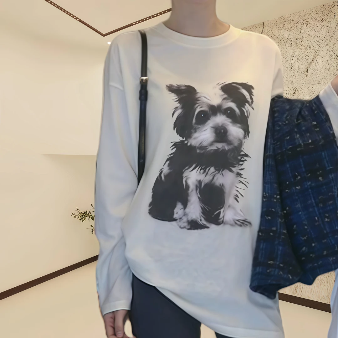 【长款小狗】2025新款正肩显瘦长款时尚舒适洋气长袖印花宽松打底T