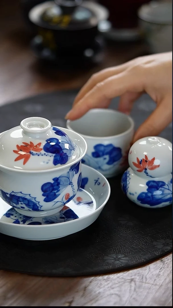 瓷景德镇纯手绘青花荷塘月色四件套