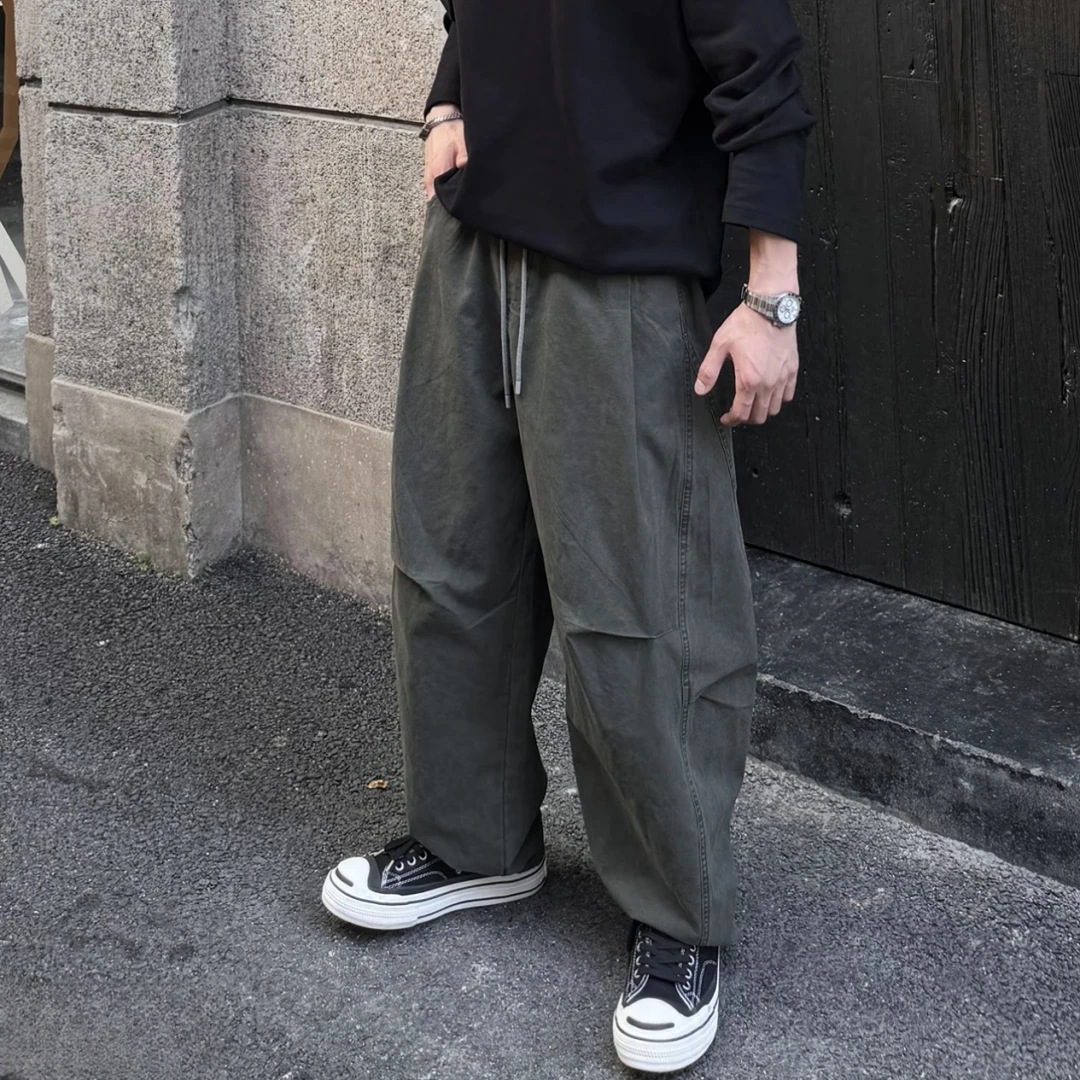 AAL秋季宽松ins水洗直筒港风百搭工装弯刀裁剪男士休闲裤