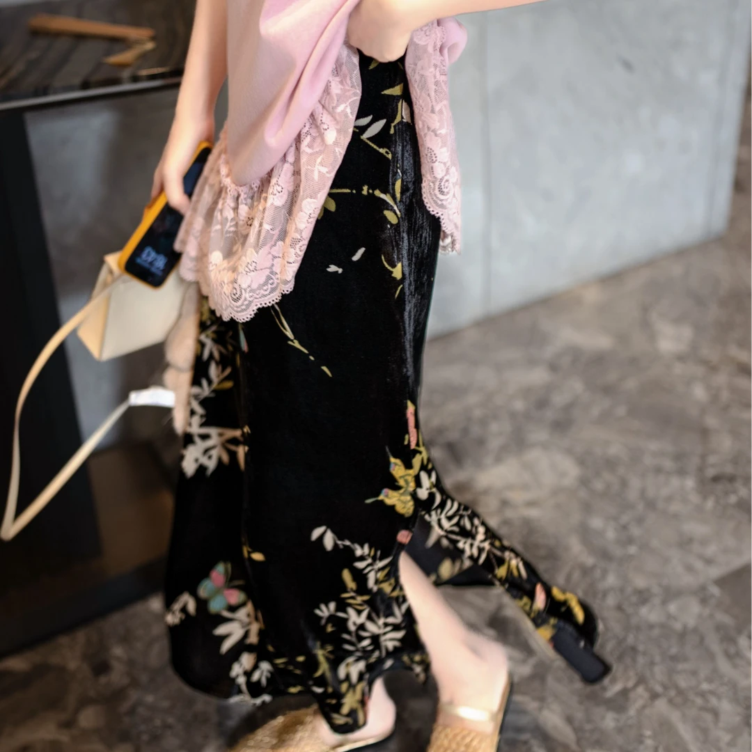 【古古】【蝶戏枝头】定制植绒镂空花新中式开衩显瘦夏季半裙 G25514