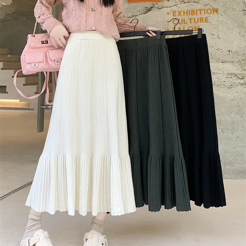 针织百褶半身裙女秋冬新款小个子高腰显瘦中长款a字伞裙长裙1001
