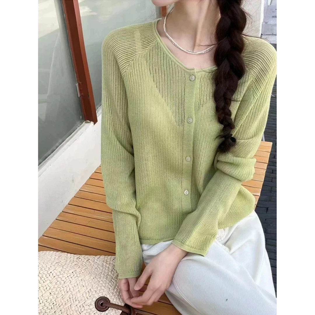 3097【卷边领镂空开衫】D春夏新品韩版薄款针织披肩空调衫女士上衣