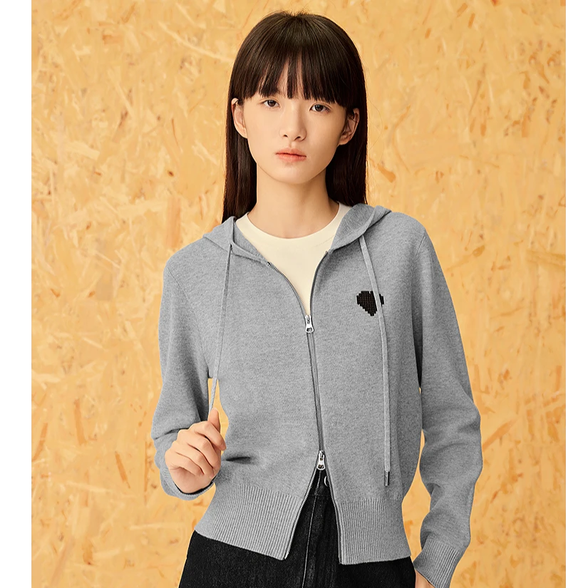 ToyzY25春新款松弛百搭双拉链针织连帽开衫女ZC35106230