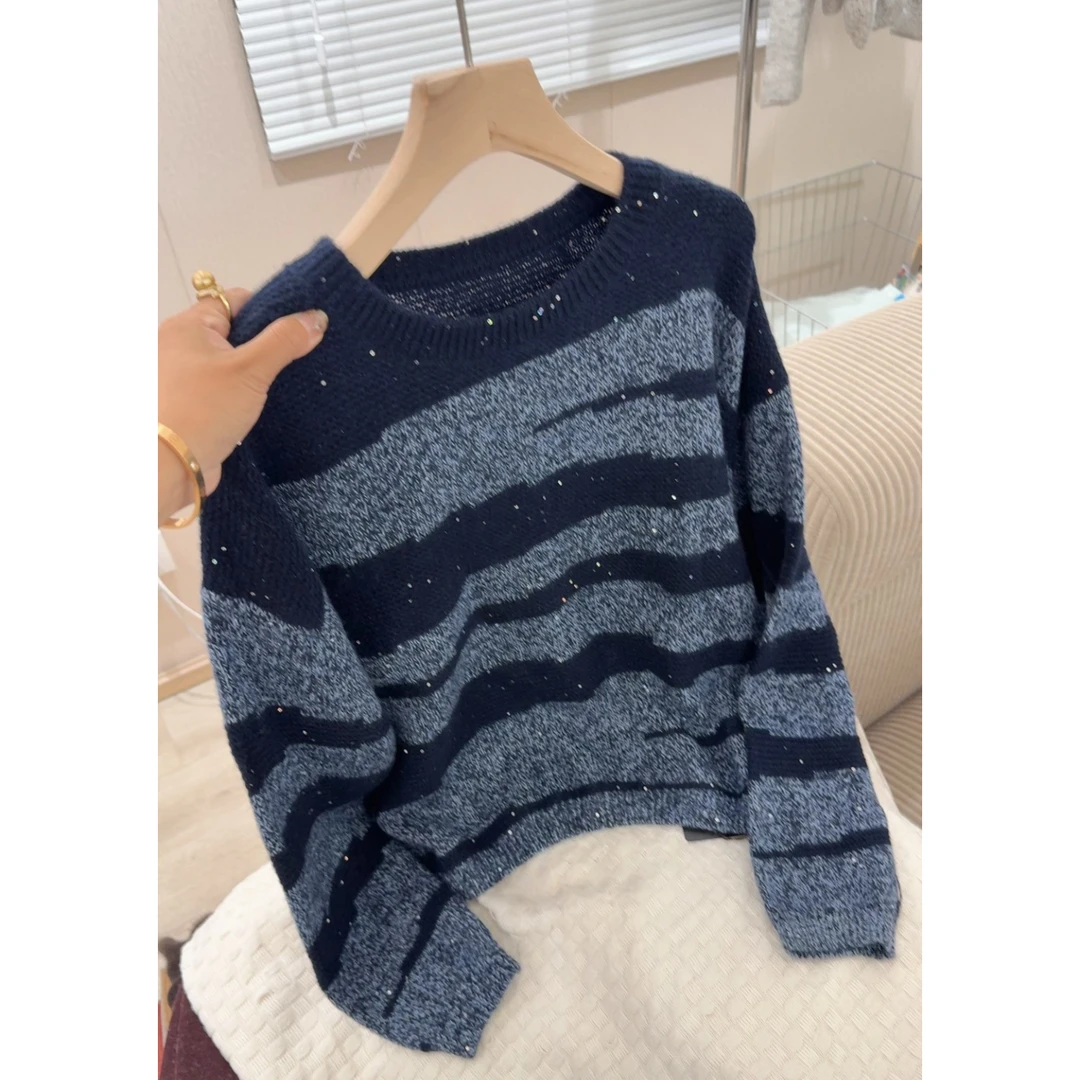 3441【不规则拼色亮片毛衣】秋冬新款韩版慵懒风ins百搭上衣