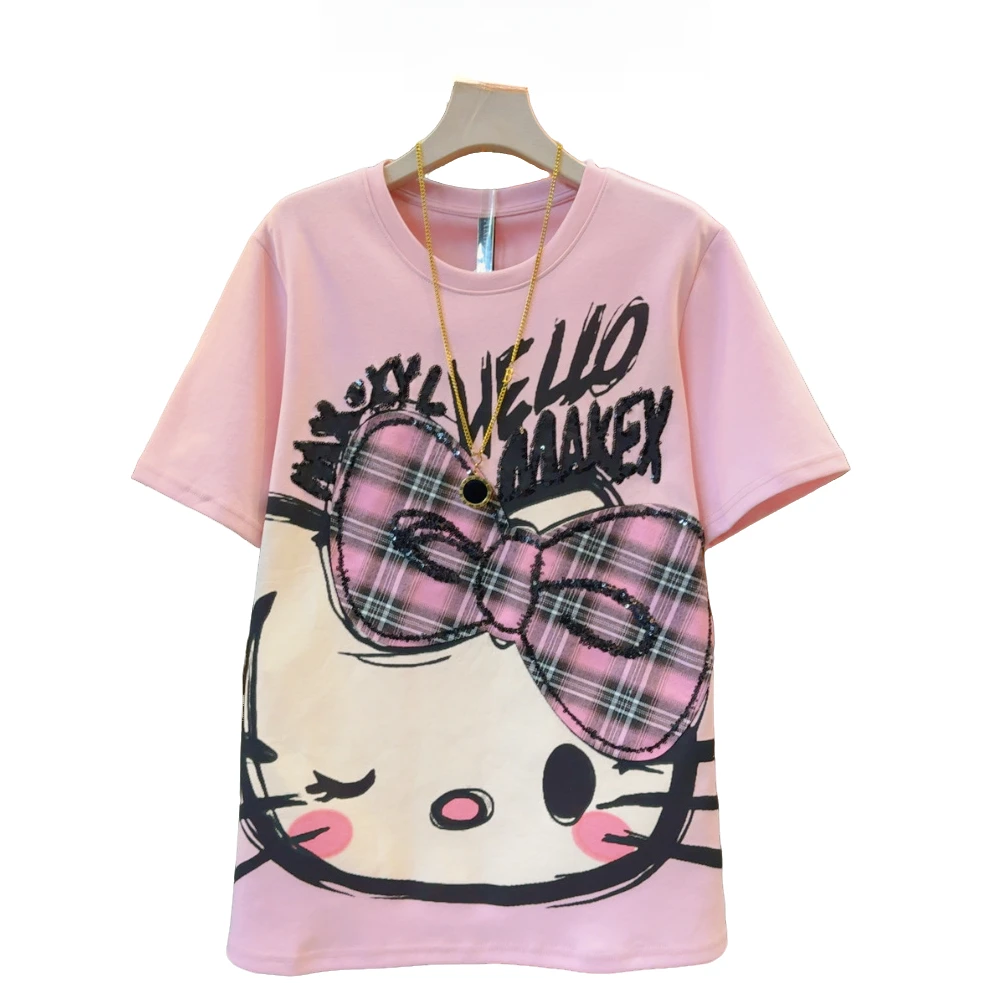 大码胖妹妹早春新款卡通减龄印花蝴蝶结烫钻T恤衣长74左右百搭