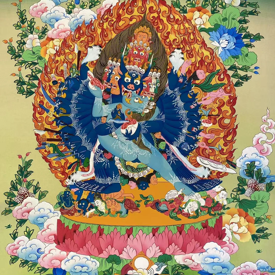 纯手绘彩唐大威德金刚唐卡尺寸75*50左右书房办公室装饰