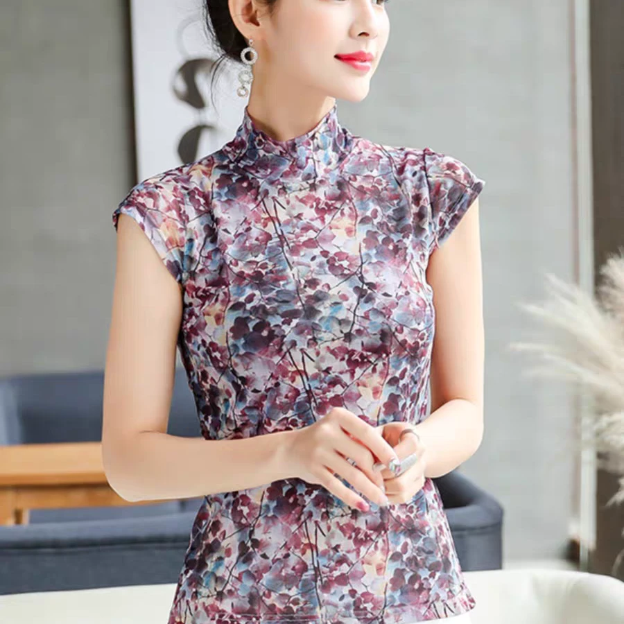 修身半高领时尚碎花典雅复古网纱衣打底衫2024新款t恤女短袖夏