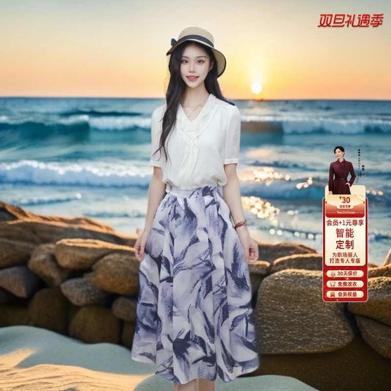 赢智尚新款法式通勤小衫紫罗兰写意花夏季出游套装女ZB-ZE01015