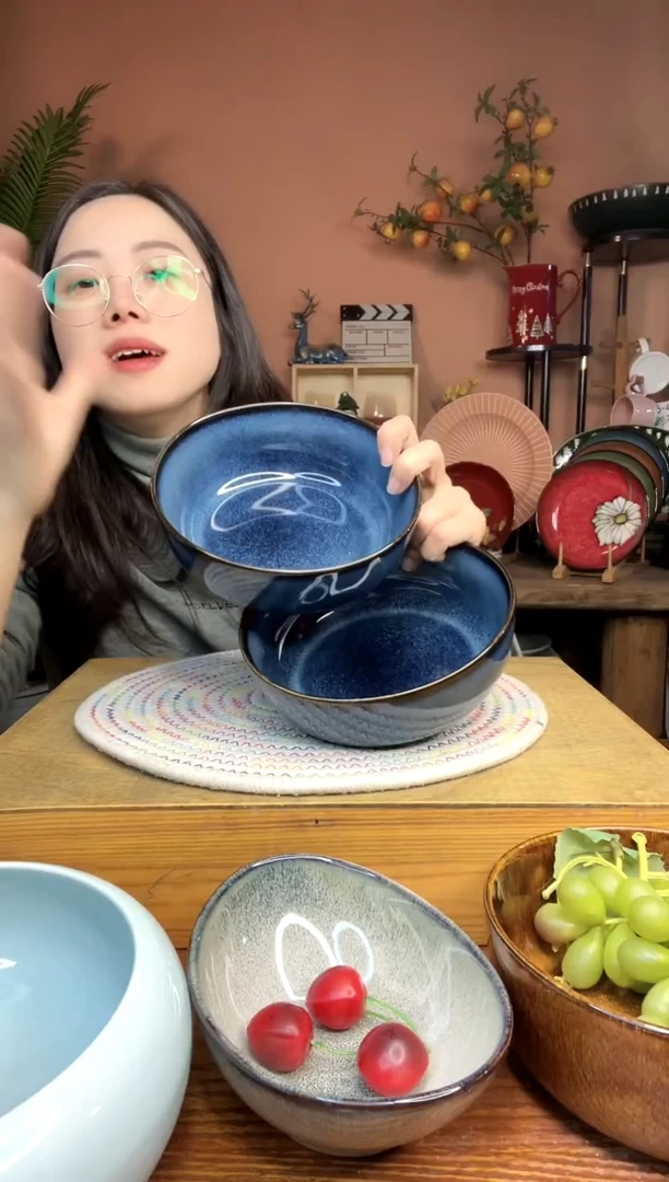 陶瓷6.5英寸蓝色双层窑变釉工艺面碗 2件 微瑕疵