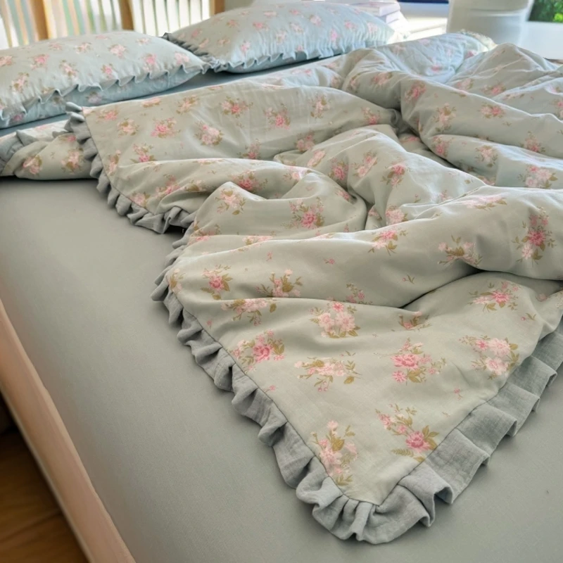 A类法式皱皱纱纯棉花边被套四件套韩版全棉双层纱床单床上三件套