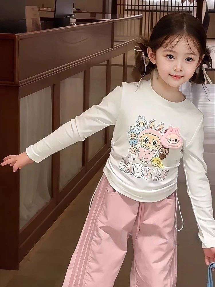 女童春秋套装2025新款儿童立体公仔抽绳白色T上衣宝宝裤子两件套