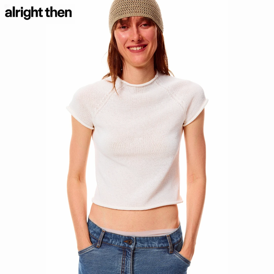 alright then三色亚麻棉干爽透气自然卷边短款合身针织短袖T恤