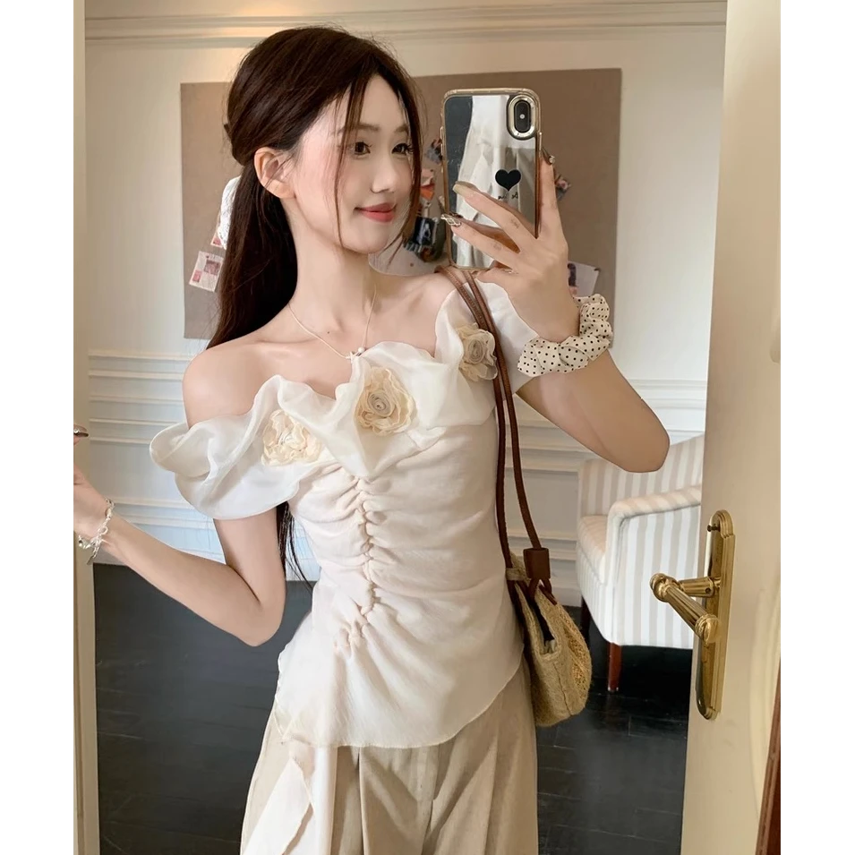 TEEINXX法式温柔风套装一字肩花朵修身T恤DH032