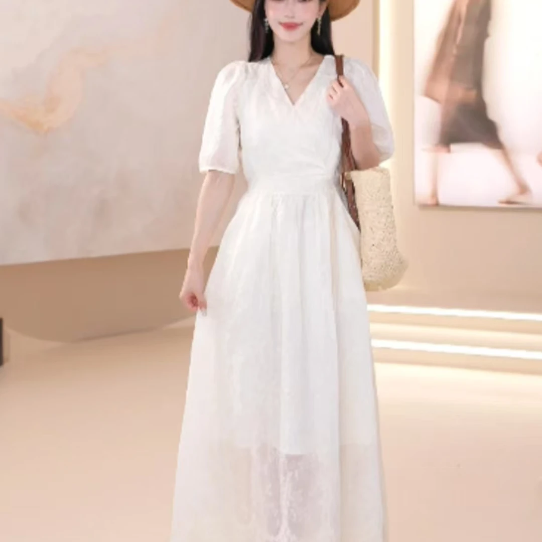 【ty】2025年新款显瘦气质连衣裙轻奢时尚法式收腰白色长裙25027