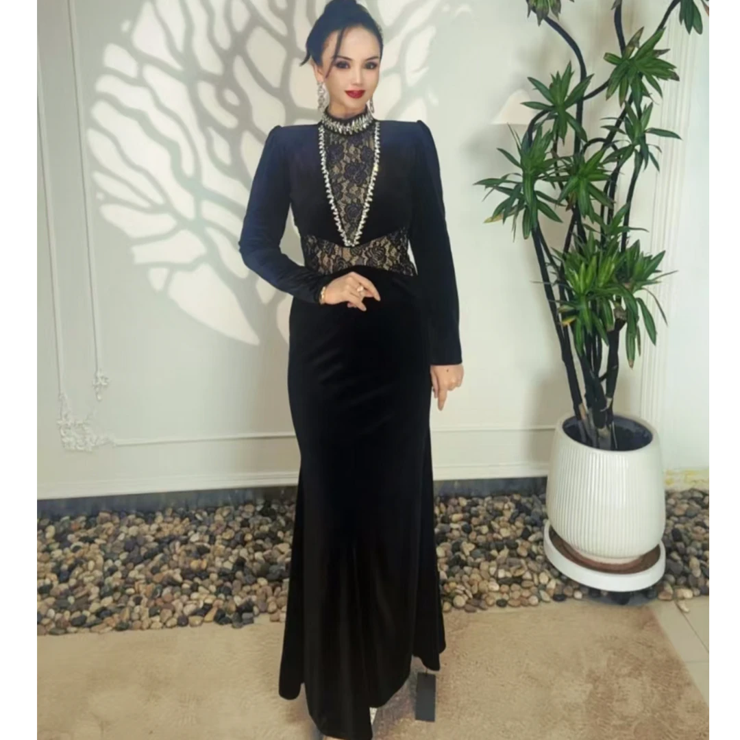 xakila新款高级感黑色丝绒蕾丝拼接复古气质宴会晚礼服裙