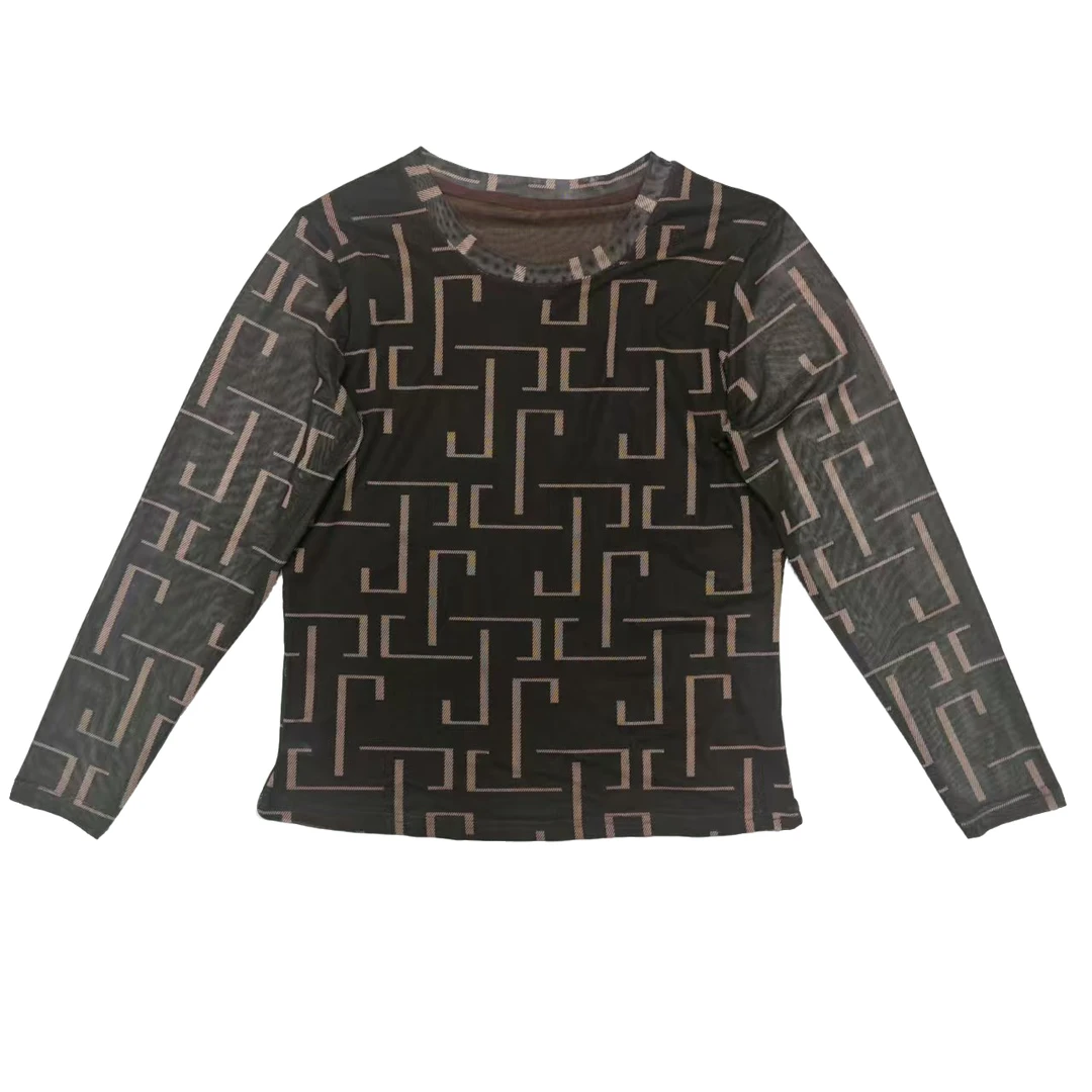 咖色格纹 2025夏季新款网纱时尚百搭透气圆领设计印花长袖T恤1760