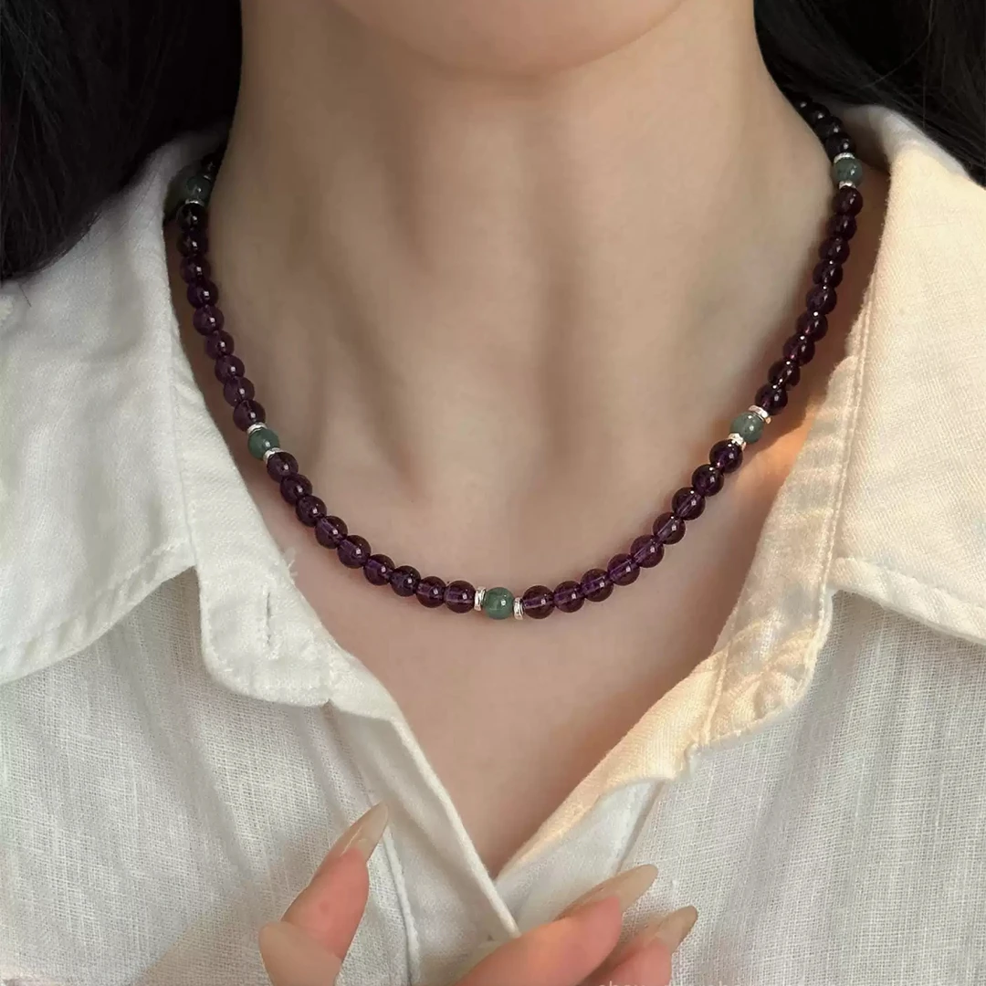 N18282<非晚>s925银紫水晶圆珠翡翠蓝水圆珠碎银项链 多样性发