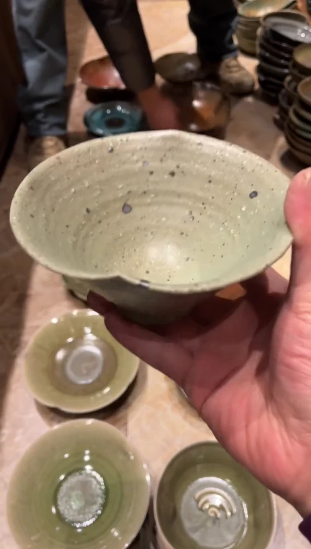 【闪购商品】瓷片390 粗陶绿花瓣斗笠米饭碗2个